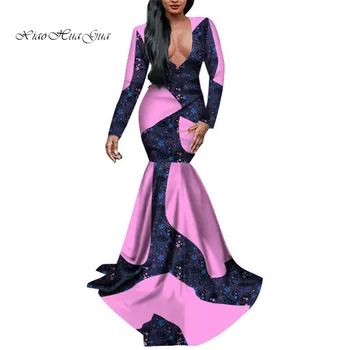 Africa de Moda Bazin Bogat Mermaid Rochie Mozaic V-gât Rochie de Imprimare Rochie Lunga pentru Femei Africane Tradiționale de Îmbrăcăminte WY2760
