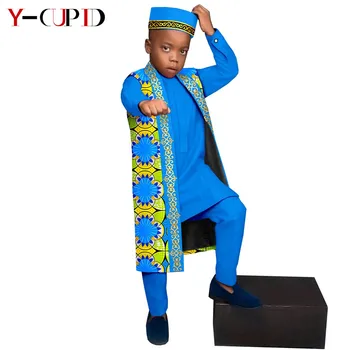 African Haine pentru Copii pentru Baieti Tinutele 4 Bucati de Seturi de Imprimare Tricou + Pantaloni + Vesta Lunga + Capac Bazin de Copii Africani Îmbrăcăminte Y214003