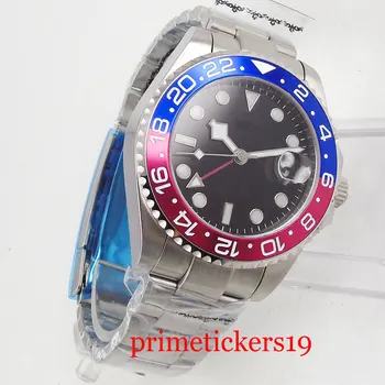 Bliger 40mm cadran negru cu data de sticlă de safir GMT albastru și res bezel mișcare automată ceas de mână
