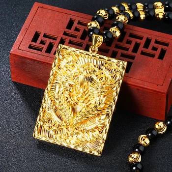 Budismul Binecuvantare Dragon mână-sculptate Pandantiv Coliere pentru Femei Barbati margele obsidian real cu aur de 24K Dominator colier bijuterii