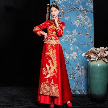 Chineză Tradițională Femei Rochie De Mireasa Broderie Stras Mult Cheongsam Elegant Mireasa Elegant Clasic Femei Rochie Din Satin