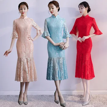 Coadă De Pește Dantelă Lung Rochie Cheongsam Elegante Femei Subțire Tradițională Chineză Rochie Lady 3 Culori Orientale Petrecere De Seara Qipao 90