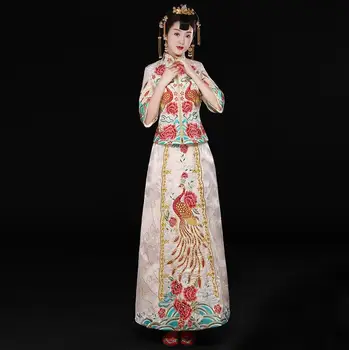 De înaltă calitate, țesut de Mână de culoare Roz Bej Cheongsam rochie de mireasa De peste Mări Chineză Femei Sexy Lungi Qi Pao Oriental Tinuta de mireasa