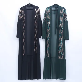 Dubai Femei Deschisă Sequin Cardigan Islamic Vintage Rochii Rochie Musulman Haine Lungi Arabe Jilbab-Ul Turc Malay Kimono Petrecere Cocktail