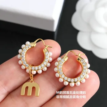 Top Moda rotund cerc perlat earringsinitial scrisoare de cristal picătură cercei floare numele alfabet M brand de lux bijuterii