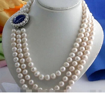 Z1990 3row 11mm runda alb de apă dulce pearl colier lapis Minunat de Femei Bijuterii de Nunta Destul de