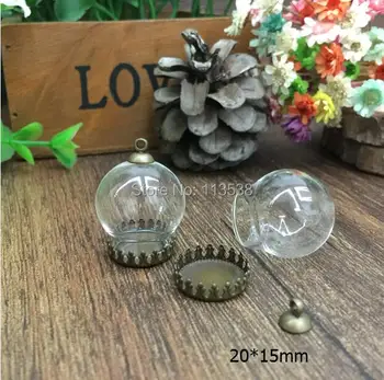 100sets/lot 20*15mm glob de sticlă &coroana de bronz de bază & 6mm capac găsirea set glob de sticlă set flacon de sticlă pandantiv capac de sticlă