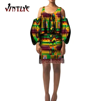 2 Bucata Set de Vara Africa de Stil pentru Femei Rochii Imprimate Lantern Maneca Halter Fusta Scurta din Africa Skrit și Top Set WY7596