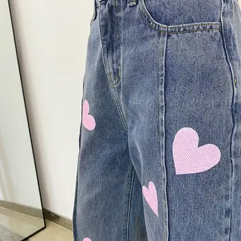 2021 Nou Picior Drept Blugi Femei De Strada De Mare Dragoste Roz Imprimate Pantaloni Din Denim De Sex Feminin Coreeană Liber Fantă Pantaloni Trend