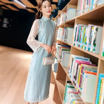 2021 vară stil Chinezesc stil Chinezesc bumbac jacquard fata albastru de stand-up guler de dantelă cârlig de împletit flori retro cheongsam de schi