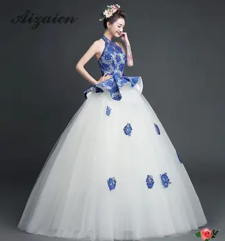 Alb Albastru Porțelan Chinezesc Tradițional Rochie De Seara De Moda Fustei Lungi De Nunta Qipao Moderne Cheongsam Oriental Rochii Personalizate