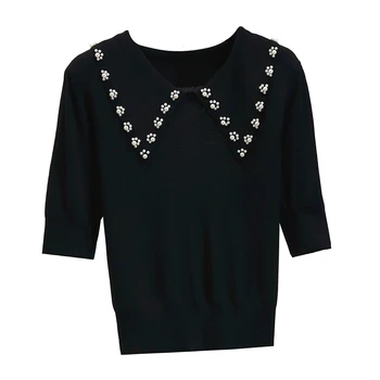 Alb cu Margele Rever Knit T-shirt Femei pe Scurt cu Mâneci Pierde T-shirt 2021new Vara Camasa Subtire din Tricot Harajuku Tricouri Tee Top
