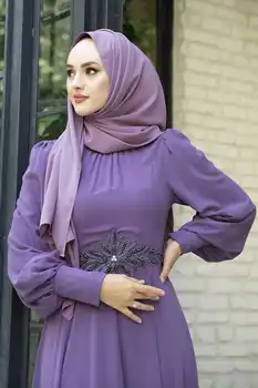 Beli Margele Brodate Rochie de Seara Violet de Toamna si Iarna 2021 Femeile Musulmane Hijab, vălul Islamic Turcia