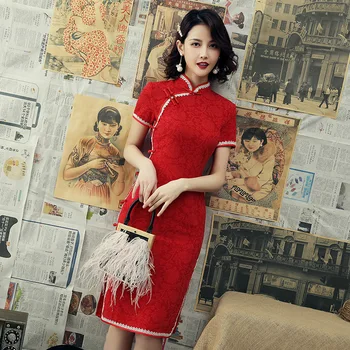 Cheongsam Vara Sexy Dantelă Elegant Stil Chinezesc Rochie Slim Red Green Bumbac Qipao Maneci Scurte Plus Dimensiune Rochii Pentru Femei 3XL