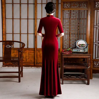 Chineză Stil De Broderie Cheongsam Tradiționale Nunta De Aur Catifea Qipao Femeie Elegant Split Rochie De Sex Feminin Bodycon Cheongsam