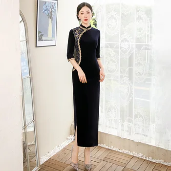 Chineză Stil de Catifea Cheongsam Toamna Iarna Nou Retro Elegant Îmbunătățit Cheongsam Îngroșa Glezna-lungime Rochie de Dantelă Aplicatiile Qipao