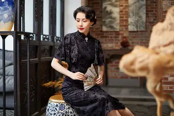Chineză Stil Sexy, Vintage Red Flocking Qipao Lung Subțire Cheongsam Vestidos Plus Dimensiune 4XL