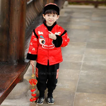 Copii Băieți Stil Chinezesc Tigru Desene Animate Tang Costum Haina Pantaloni Copii De Anul Nou Haine Hanfu Cheongsam Topuri, Jachete Îmbrăcăminte Set