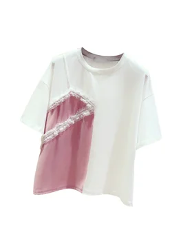 Dantelă de moda Fals Două Piese Femei T-shirt 2021 Vara Noi Mozaic Liber Doamnă Elegant Trage Uza Topuri Tricouri de Calitate Superioară