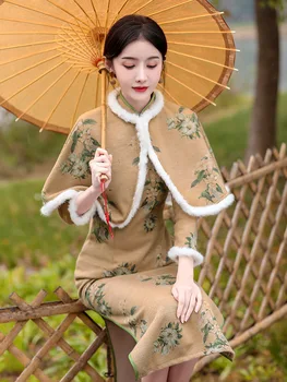 De Iarnă 2022 Anul Nou Haine Elegante Generos Jasmine Imprimare Lung Al Nouălea Maneca Șal Cheongsam Haine Tradiționale Chinezești Qipao