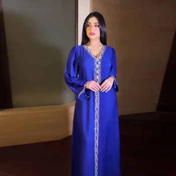 Dubai Jalabiya Abaya Hijab Rochie pentru Femei Strasuri Moda Musulmană arabă, Islam Rochie Caftan Marocan Petrecere de Nunta Eid Albastru