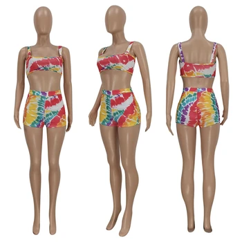En-gros de Haine de Vară, Două Piese Seturi de pantaloni Scurți Femei Tie Dye 2 Bucata Set Strappy Crop Top și pantaloni Scurți Set Beachwear Costume Sexy