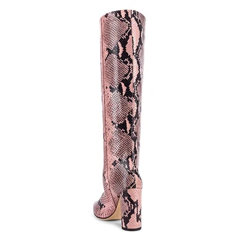 Femei Cizme Genunchi Ridicat Pink Snake Print Bloc Cu Toc De Moda A Subliniat Toe Sexy Lady Dress Pantofi De Iarnă De Mari Dimensiuni Timp De Boot Mult 2019