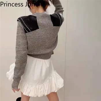 Femei De Moda 2 Seturi De Piese Tinutele Retro Neregulate Slim Jacket+Mini Puffy Bud Fusta Franceză Retro Alb-Negru De Două Piese De Costume
