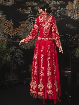Femei Roșu Broderie Tradițională Chineză Rochie de Mireasa Dragon Phoenix Epocă Cheongsam китайская одежда