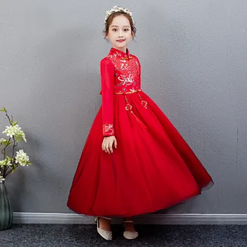 Fetele Rosii De Flori, Rochii De Seara China Satin Cheongsam Rochii Copii Haine Copii Stil Chinezesc Anul Nou Plasă De Prinți Rochie