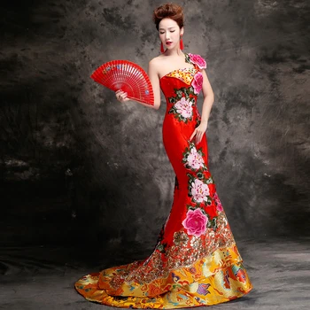 Flori 3D Aplicatii Qipao Sexy pe Un Umar Backless Cheongsam Sirenă Elegant Margele Petrecere de Seara Rochie Roșie Bandaj Vestidos