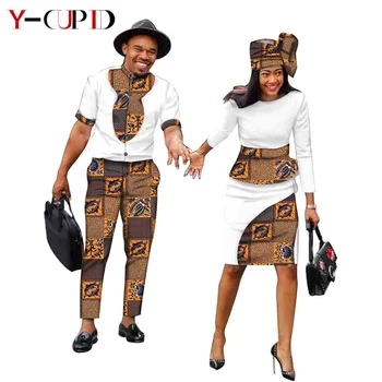 Haine africane pentru Cupluri Femei de Imprimare Headtie de Sus și Fuste Seturi de Potrivire Bazin Riche Bărbați Costume de Sus și Pantaloni Seturi YS19C003