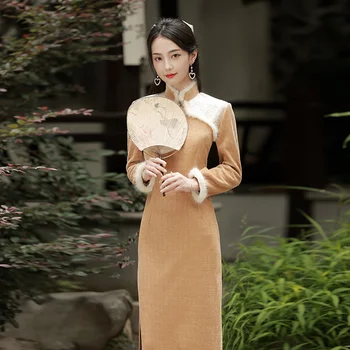 High-end Slim Mid-lungime Cheongsam Womem Guler de Blană, Plus Catifea Tradițională Chineză Rochie Vintage 2022 Qipao Moda de Iarnă
