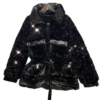 Jacheta de iarna pentru Femei de Moda Paiete de îmbinare Hanorac Gros Palton Cald de Înaltă Calitate Dantelă Sus în Jos Jachete Femei Vrac Strat de Bumbac