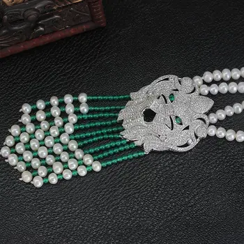 Leu Tassel Pandantiv Colier Multistrand Colier de Perle de 6-7mm Semiround Reale Pearl Strat de Toamna Lanț Pulover Colier