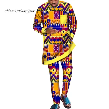 Mens Africane Haine Plus Dimensiunea Dashiki Maneca Lunga Barbati 2 Bucăți Cămăși și Pantaloni Set Tradițional de Bumbac Petrecere Îmbrăcăminte WYN1804