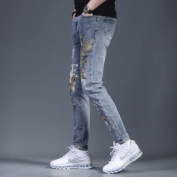 Moda De Vara Tipărite Blugi Albastru Bărbați Coreeană Stil Casual Slim Fit Pantaloni De Creion Streetwear Stretch Denim Pantaloni