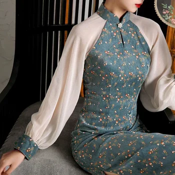 Modern, Îmbunătățit Florale Despicare Cheongsam Femei Subțire De Toamnă Chineză Stil De Epocă Elegant Feminin Qipao Rochie Cu Maneci Lungi Hanfu
