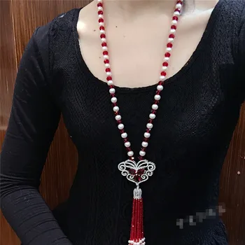 Mână înnodate natural alb de apă dulce pearl roșu de sticlă lung lanț pulover zircon accesorii colier moda bijuterii