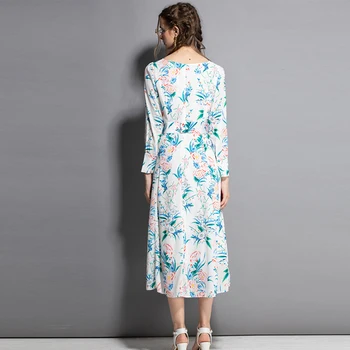 Pista 2021 Moda Primavara-Vara De Înaltă Calitate Full Sleeve Floral Print Slim Midi Eleganta Rochie De Vacanță Vestidos