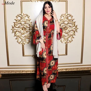 Satin de Imprimare Jalabiat Moda Etnice Abaya Rochie pentru Femei Toamna 2022 Musulman Dubai Turcia arab Oman Marocan Caftan Roșu Jalabiya