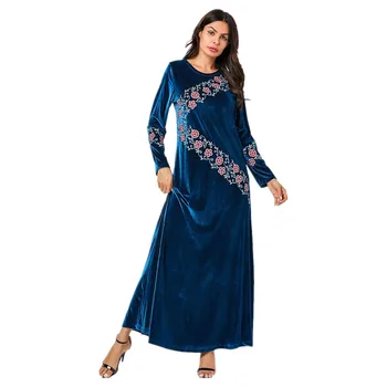 Stil marocan Mordern Abaya Femme Mc9135 Confortabil Mari Arab Femei Albastru Planta Broderie Casual Aur Rochie de Catifea