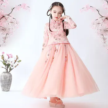 Toamna Și Iarna Fete Brodate în Stil Chinezesc Hanfu Rochie Cheongsam Copii Printesa Fusta Etapă de Performanță Costum