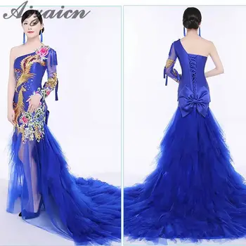 Un Umăr Tul Rochii De Seara Vintage Albastru Regal Aplici Moda Chineză Cheongsam Rochie Stil Oriental Nunta Qipao