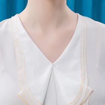 VOA 2021 Moda de Primăvară Mătase Alb Topuri pentru Femei Tricouri BE510 V-Neck Broderie Volane Birou Doamnă cu mâneci Lungi Pierde T-shirt