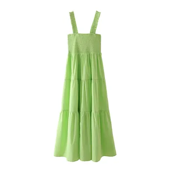 ZA de vară nou stil pentru femei dulce sling casual verde-avocado stratificat împletit poplin dress